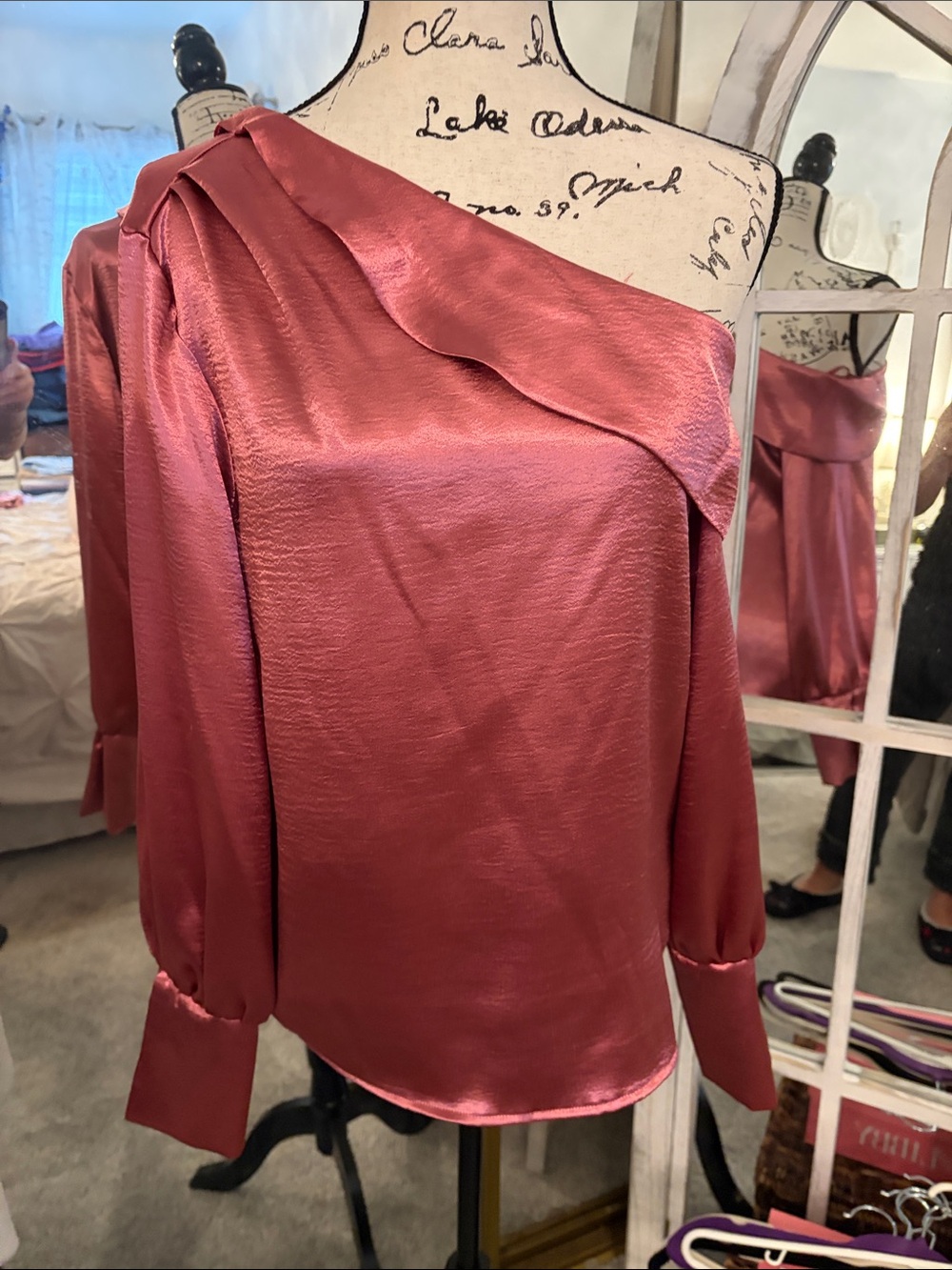 Worthington One-Shoulder Satin Blouse in Dusty Rose